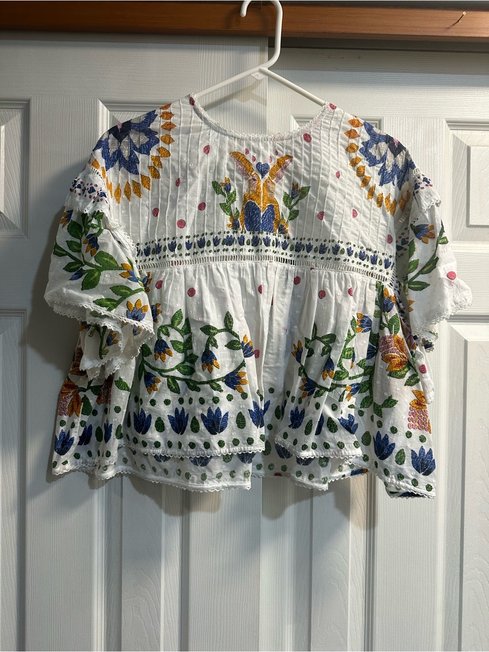 FARM Rio White Embroidered Floral Peasant Blouse - Blue, Green, Yellow, Pink